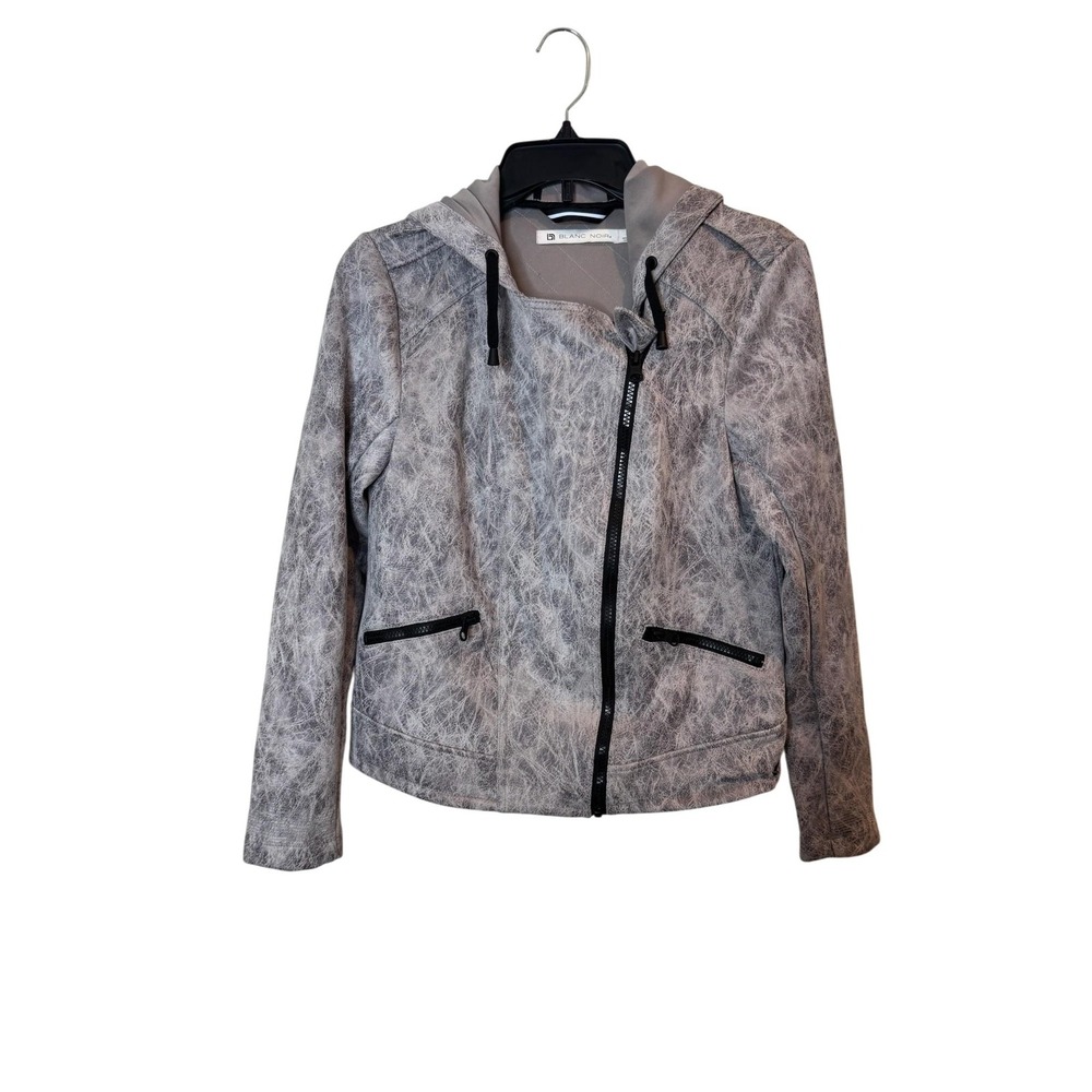 Blanc Noir Jacket Womens Small Gray Hooded Full Zip Moto Style Stretch Softshell